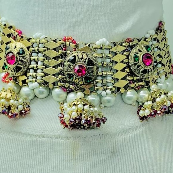 Golden Tone Metal Choker Necklace, Statement Collar Choker With Multicolor Beads - Picture 2 of 11